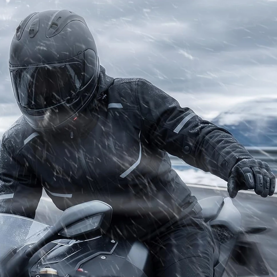 Motociklininkas rudenį greitkelyje, striukė užsegta iki pat kaklo
